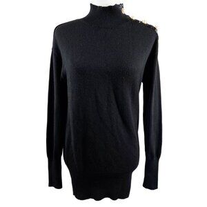 White House Black Market Black Wool Blend Faux Pearl Shoulder Tunic Sweater
